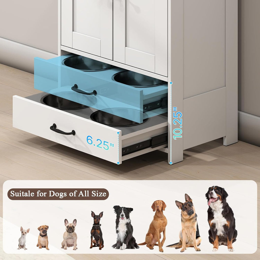 Dog Feeding Station with Elevated Dog Bowls with Storage Drawers