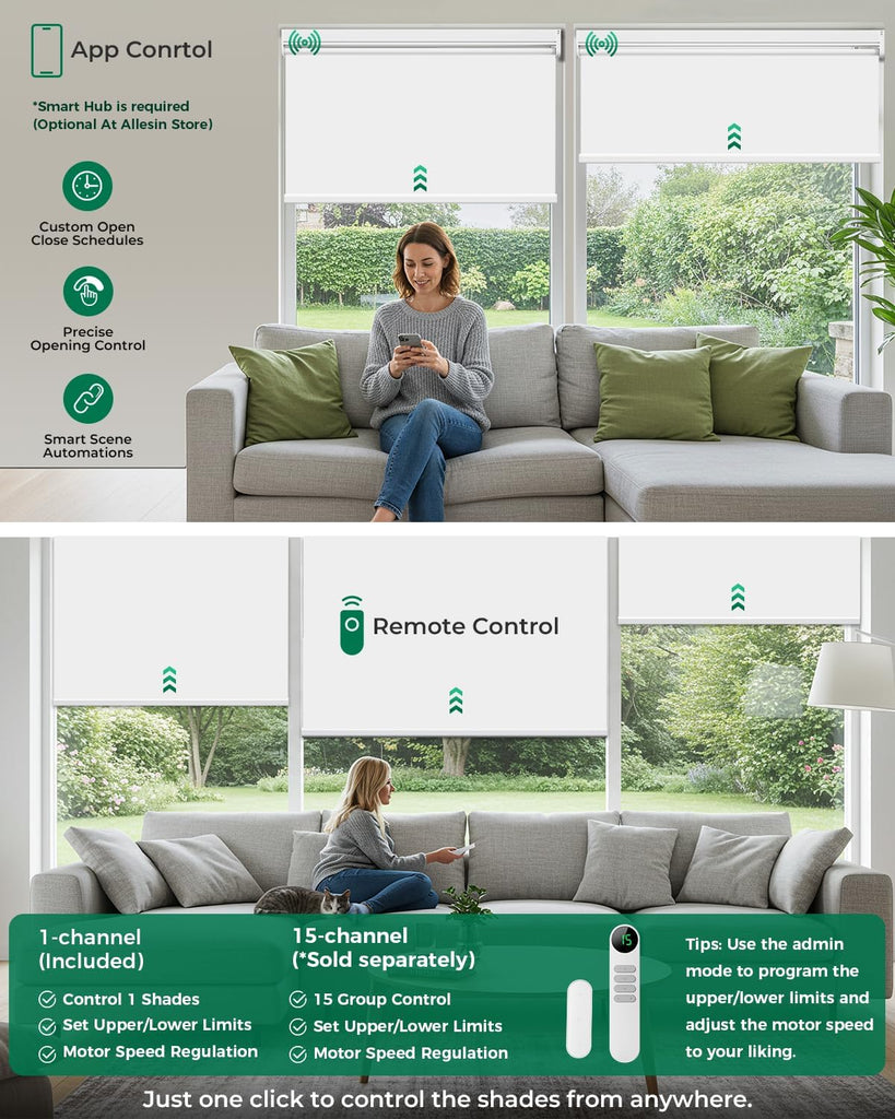 Motorized Blinds with Remote | Automatic Blackout Roller Shades, Easy Install & Smart Control Electric Blinds (White )