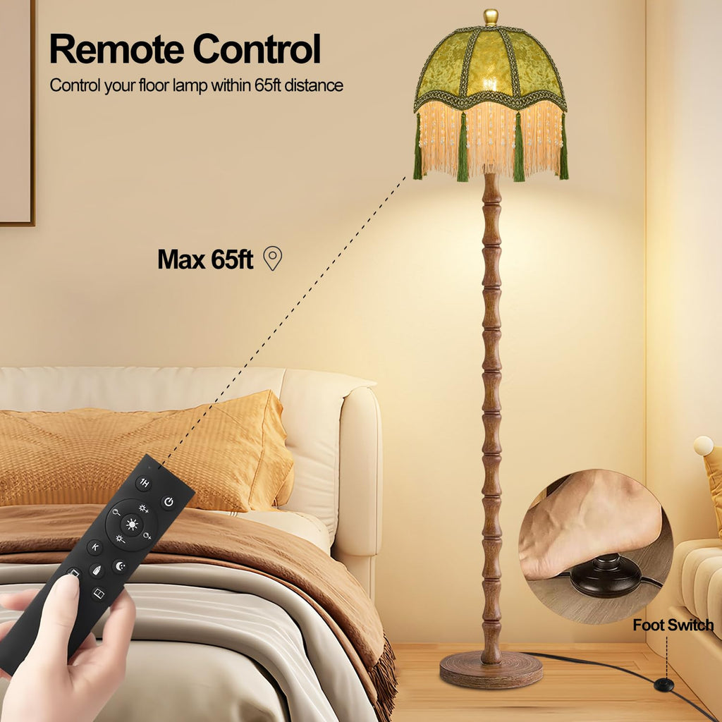 Wood Floor Lamps Boho Rustic Floor Lamp with Remote Control,Dimmable Vintage Floor Lamp Green Mid Century Modern