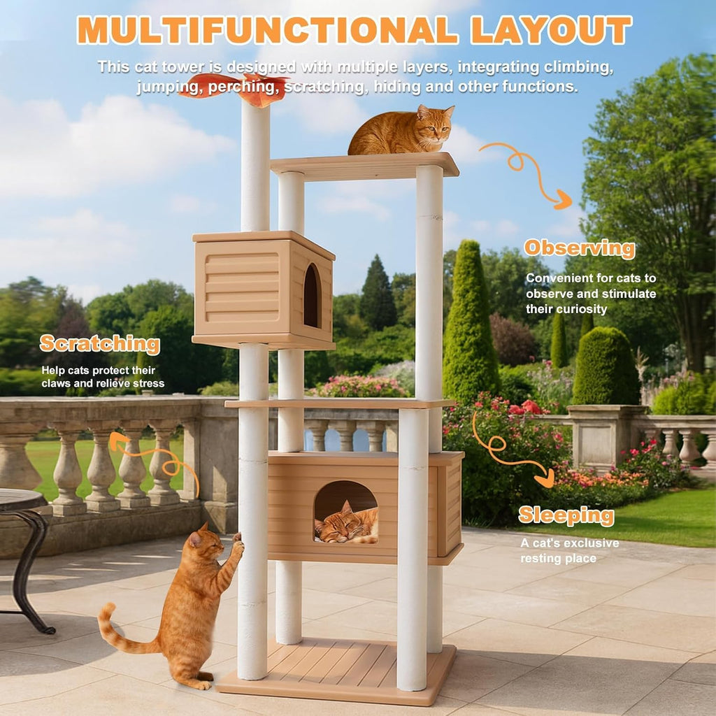 64in Weatherproof Outdoor Cat Tower, Multi Level with Two Large Cat Condos