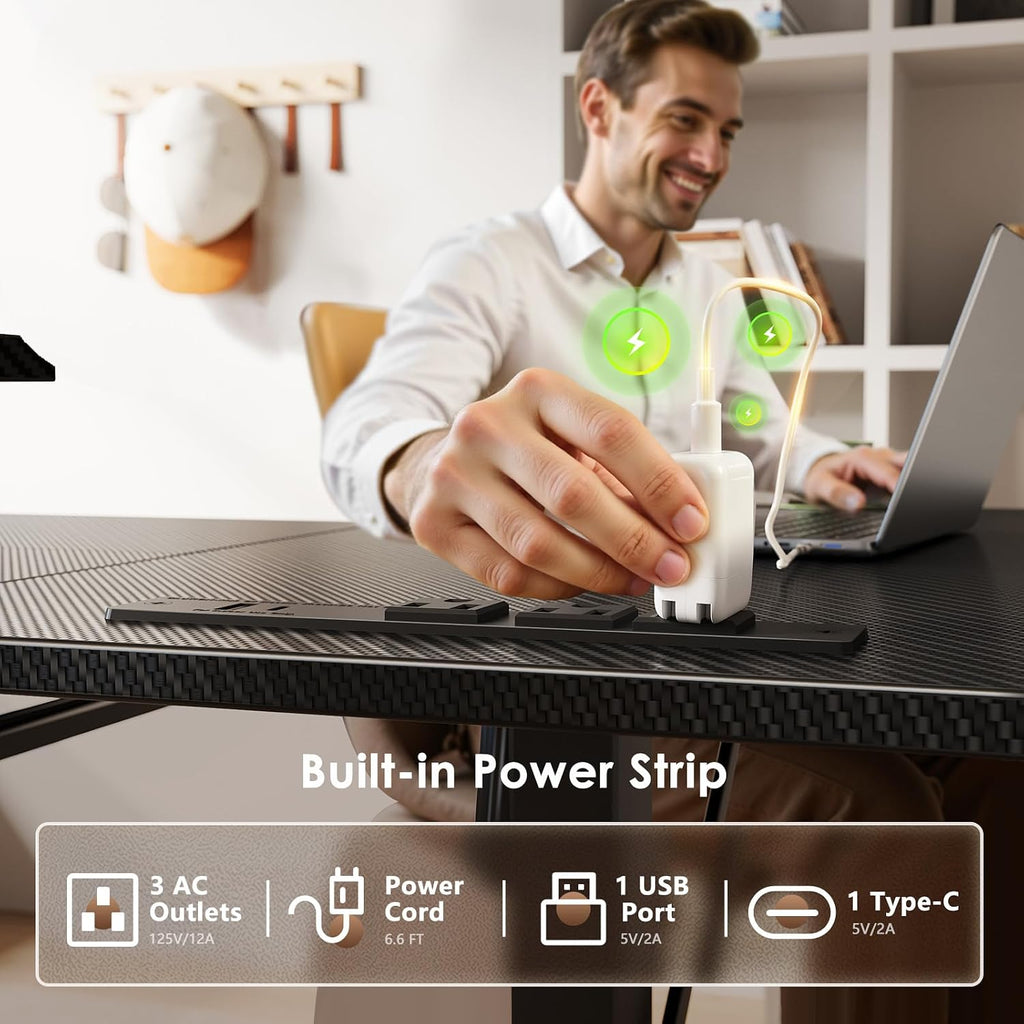 55" Reversible L Shaped Electric Standing Desk, Carbon Fiber Black | Monitor Stand, Keyboard Tray, Power Outlets, 3