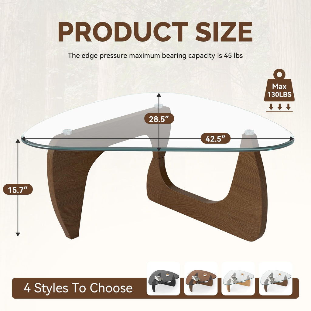 Inspired Noguchi Style Modern Glass Coffee Table, Triangle Center Table with Tempered Glass Top& Unique Wooden Base, 42.5" Mid Century Tea
