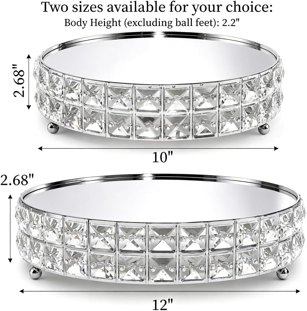 Silver Crystal Cake Stand Set with Mirror Top, 10" & 12" Round Metal Dessert Pedestal with Shining Crystal - Set of 2