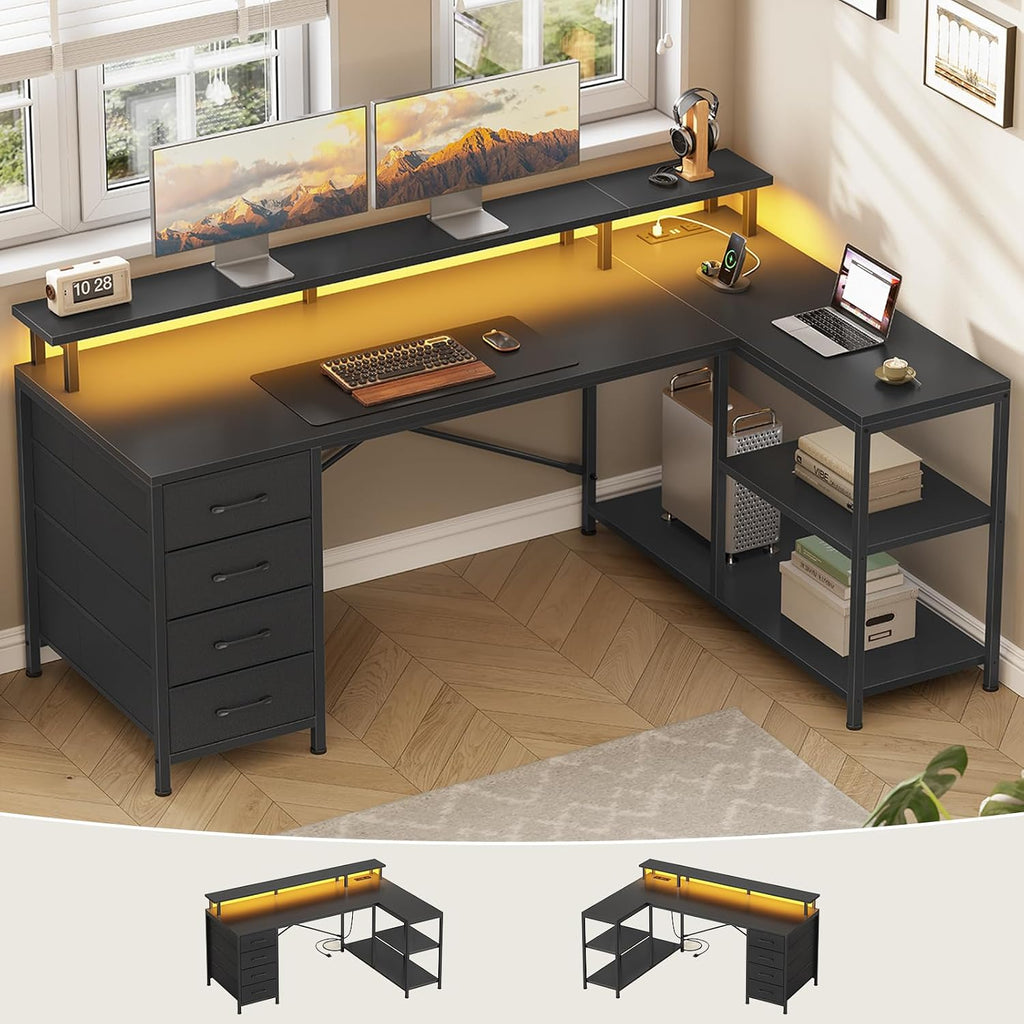 L Shaped Gaming Desk with 4 Drawers, Shelves, Power Outlets, Black | L Shaped Desk with LED Lights , Computer Desk
