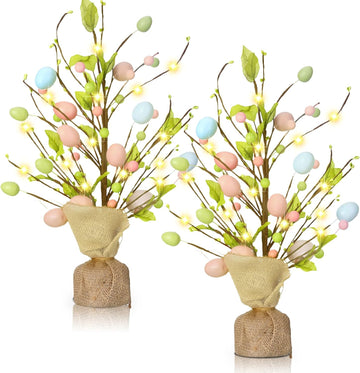 Easter Egg Tree Decorations 18 Inch Pre Lit Easter Egg Tree Tabletop Decor with LED Light Spring Party - Set of 2