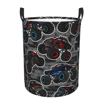 Monster Truck Boys Style Round Laundry Hamper Storage Basket Toys Clothes Organizer Bin Bathroom Bedroom Dorm