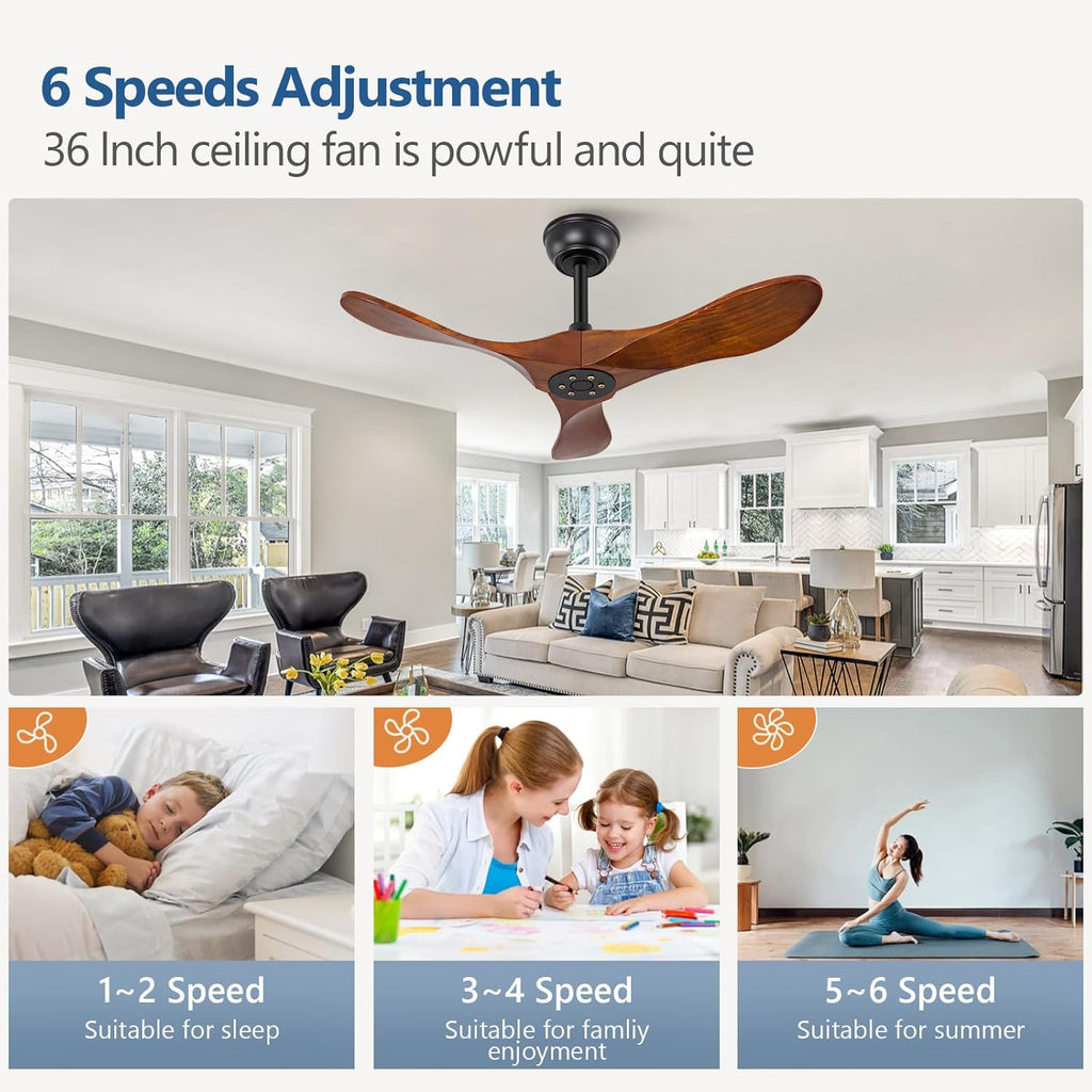 Inspired Maverick Style 36 Inch Solid Wood Ceiling Fan with Remote,Ceiling Fan no Light,6 Speeds,Noiseless,Reversible DC Motor,Modern Ceiling Fans without Lights for Living Room Bedroom Farmhouse,Patios A101-B0DFTPFKSH