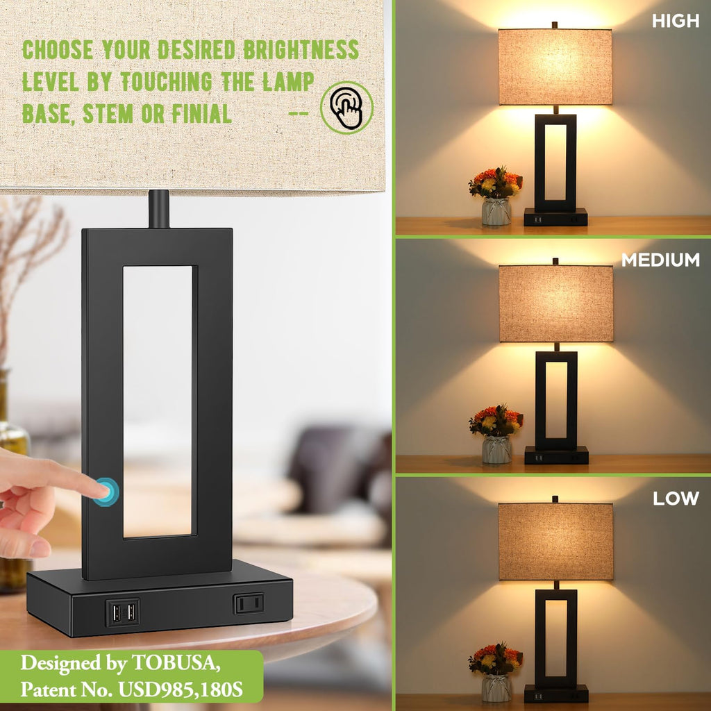 22" Table Lamp Set of 2, Modern Nightstand Lamp with 2 USB Ports
