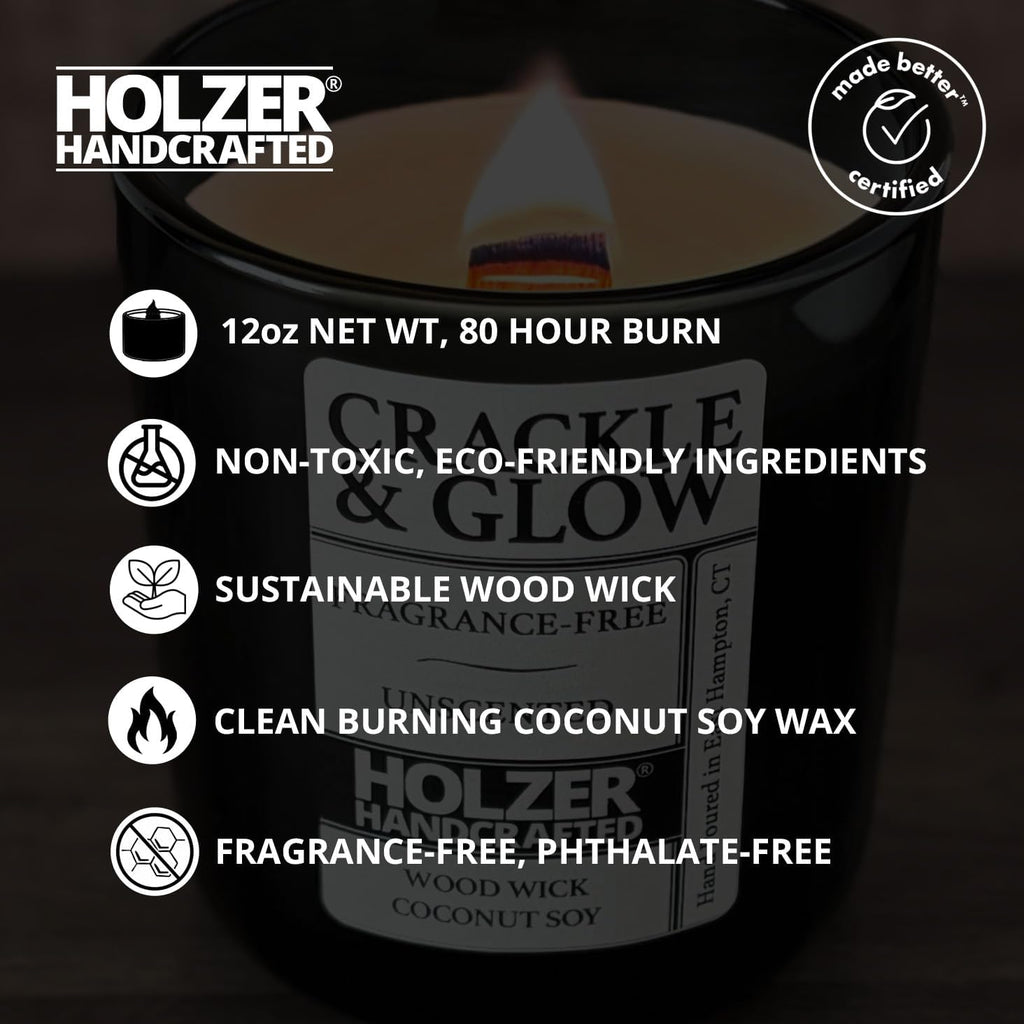 Unscented Candle Wood Wick | Fragrance-Free | Coconut Soy Wax | Clean Burn | Handpoured by , 80 Hour Burn Time, 1