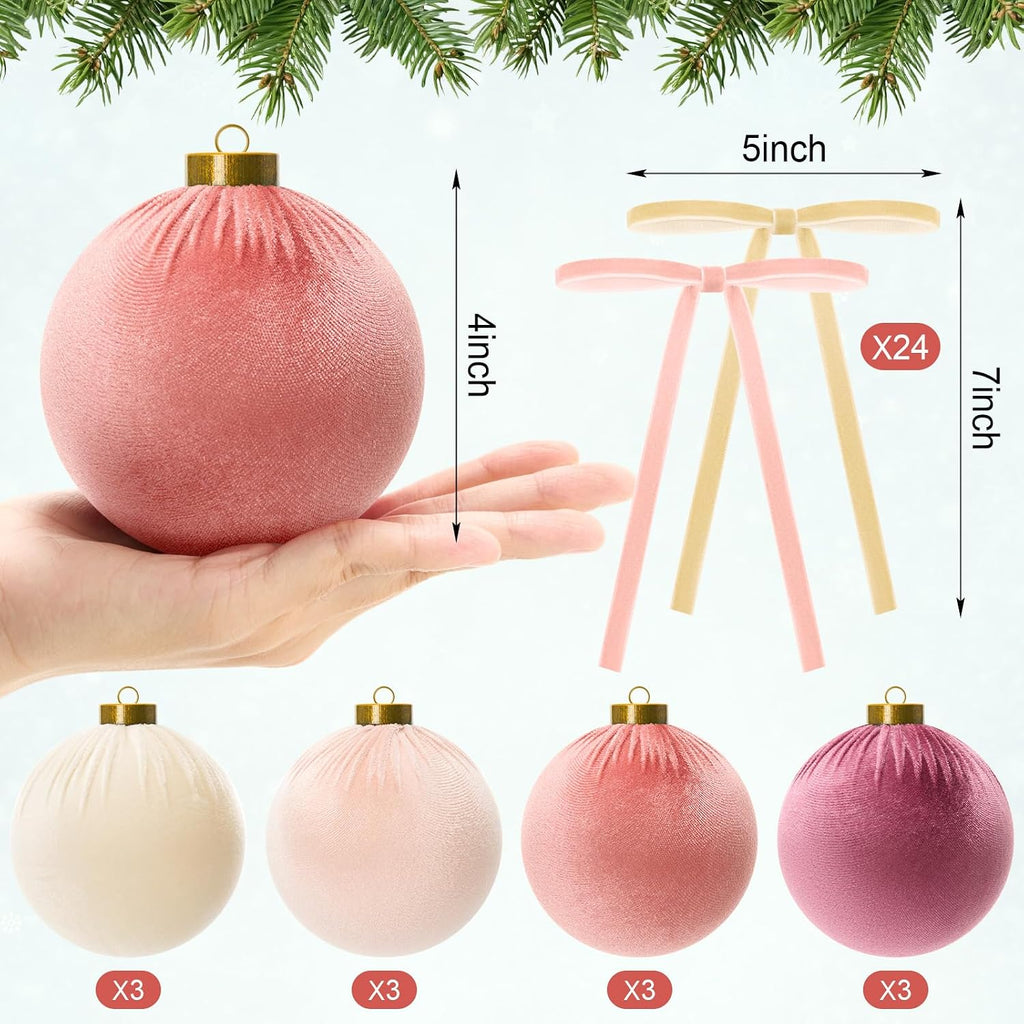 36 Pcs 4 Inch Velvet Christmas Ornaments Set with Bow, Pink