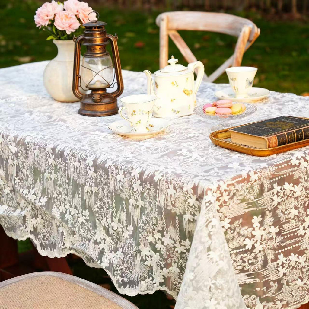 French Embroidery Lace Tablecloth - Rectangular for Coffee Tables, Vintage Beige Lace Table Cover, P
