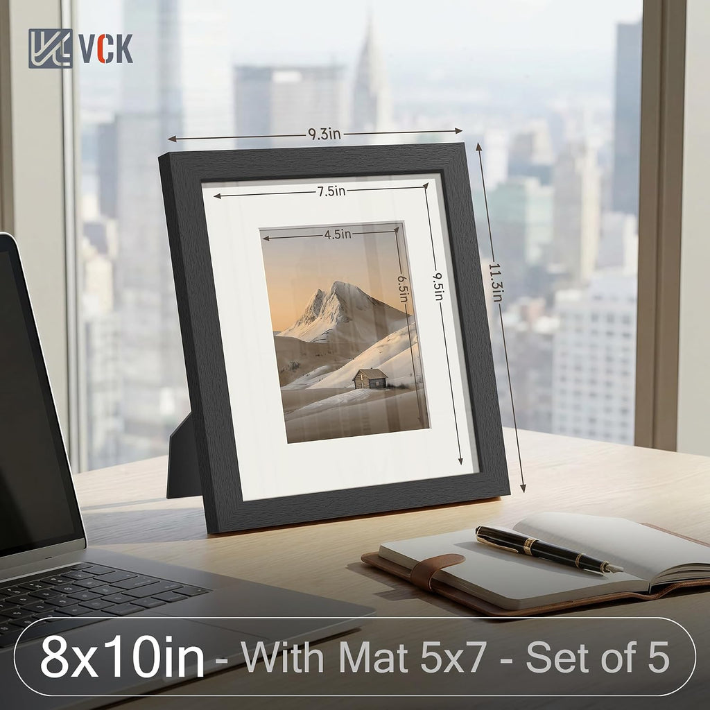 8x10 Picture Frame Black - 5 Pack, with Tempered Glass, Displays 5x7 Photo with Mat or 8 x 10 Without, for