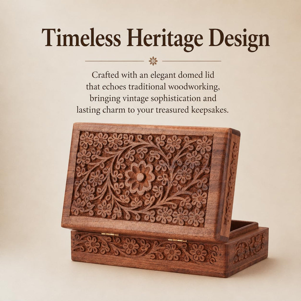 Wooden Jewelry Box Hand Carved Flower Keepsake Chest - 8x5 Inch