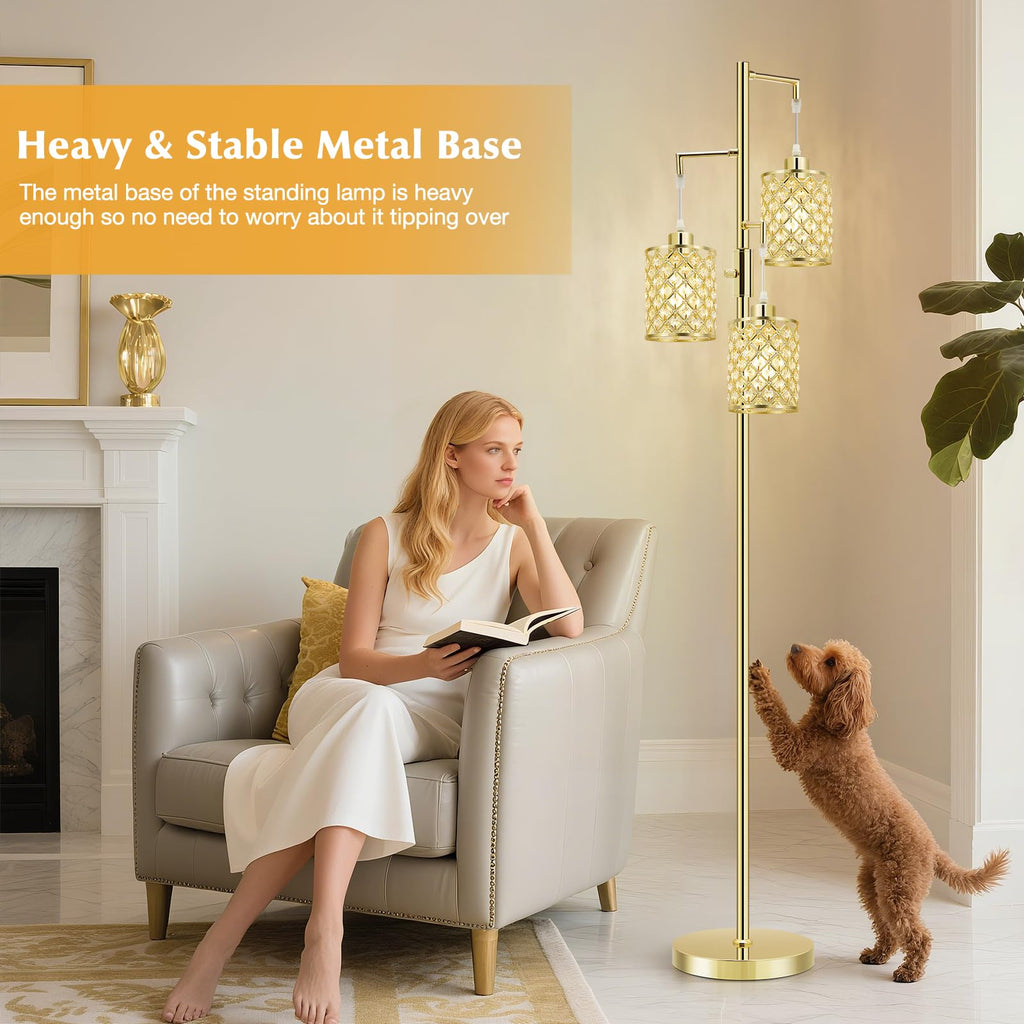 Morden Gold Crystal Floor Lamps, 3-Light Standing Tall Lamp with Elegant K9 Crystal Shade & Rotary Switch, Modern