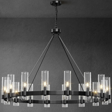 Black Chandelier,16-Lights Wagon Wheel Chandelier with Glass Shade,48 Inch Large Round Industrial High Ceilings Pendant Lighting Fixture for Dining Room, Living Room, Kitchen Island, Foyer A115-B0CHYBSCP3