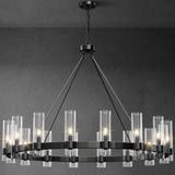 Black Chandelier,16-Lights Wagon Wheel Chandelier with Glass Shade,48 Inch Large Round Industrial High Ceilings Pendant Lighting Fixture for Dining Room, Living Room, Kitchen Island, Foyer A115-B0CHYBSCP3