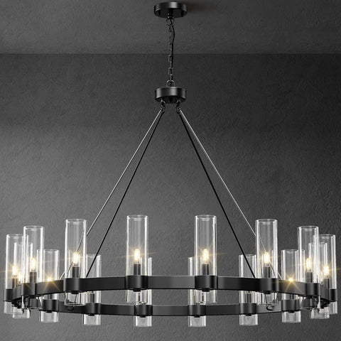 Black Chandelier,16-Lights Wagon Wheel Chandelier with Glass Shade,48 Inch Large Round Industrial High Ceilings Pendant Lighting Fixture for Dining Room, Living Room, Kitchen Island, Foyer A115-B0CHYBSCP3