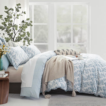 Vintage 100% Cotton Duvet Cover King 3PC - Elegant Pale Slate Blue Floral Pattern on White with Light Blue & White