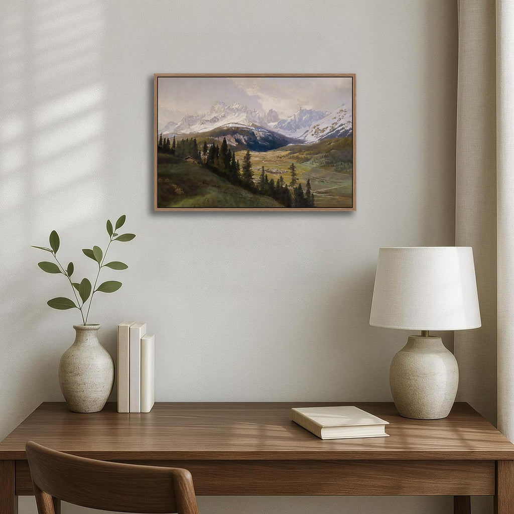 Framed Vintage Mountain Landscape Canvas Wall Art Rustic Farmhouse Pine Tree Picture Print Countryside Cabin Painting