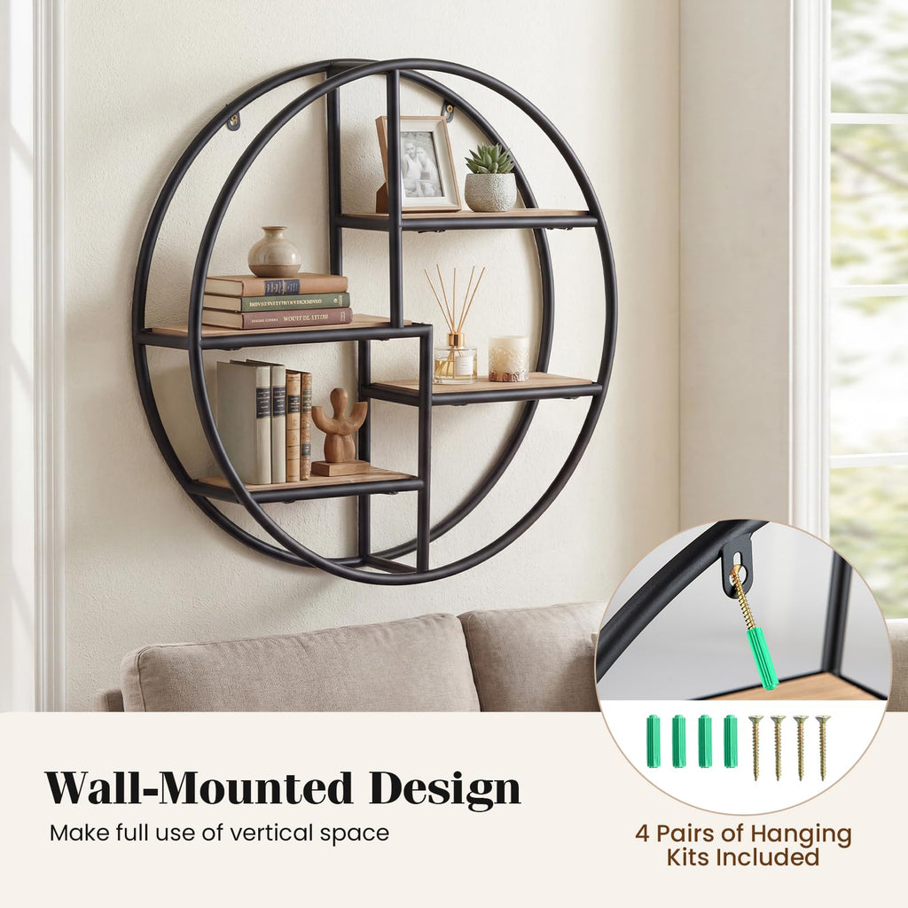 Industrial Style Round Wall Shelf with 4-Tier Storage Shelves