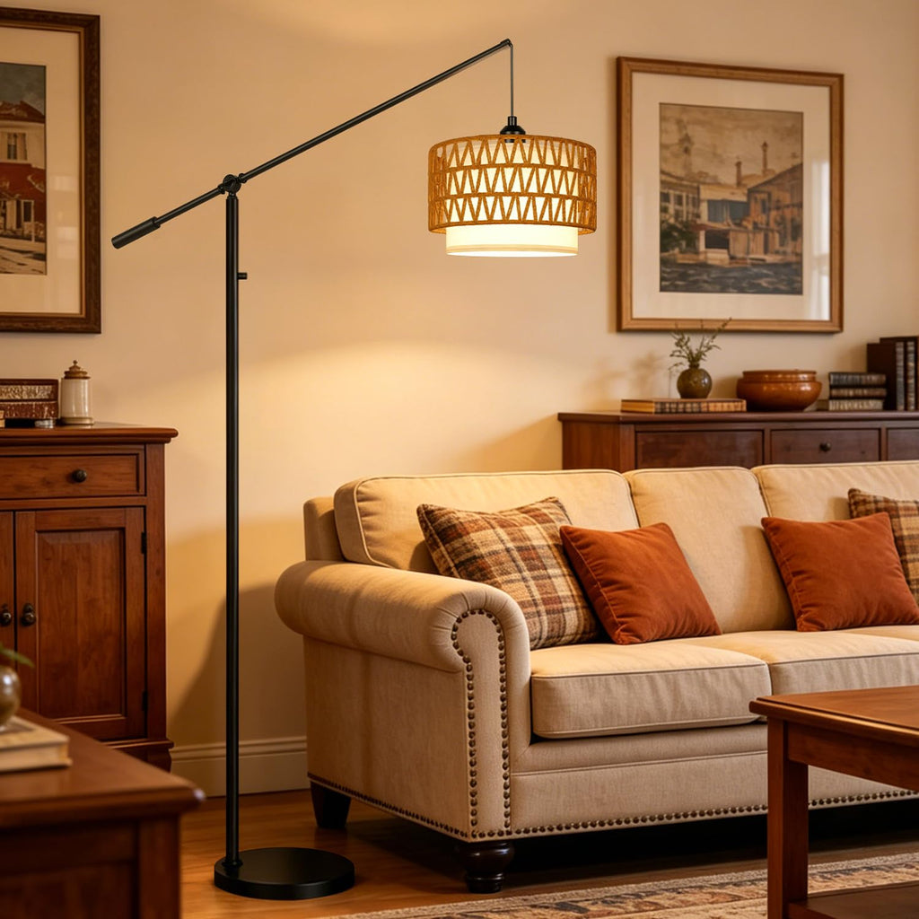 Boho Dimmable Arc Floor Lamp with Adjustable Swing Arm, Dimmer Knob, Black