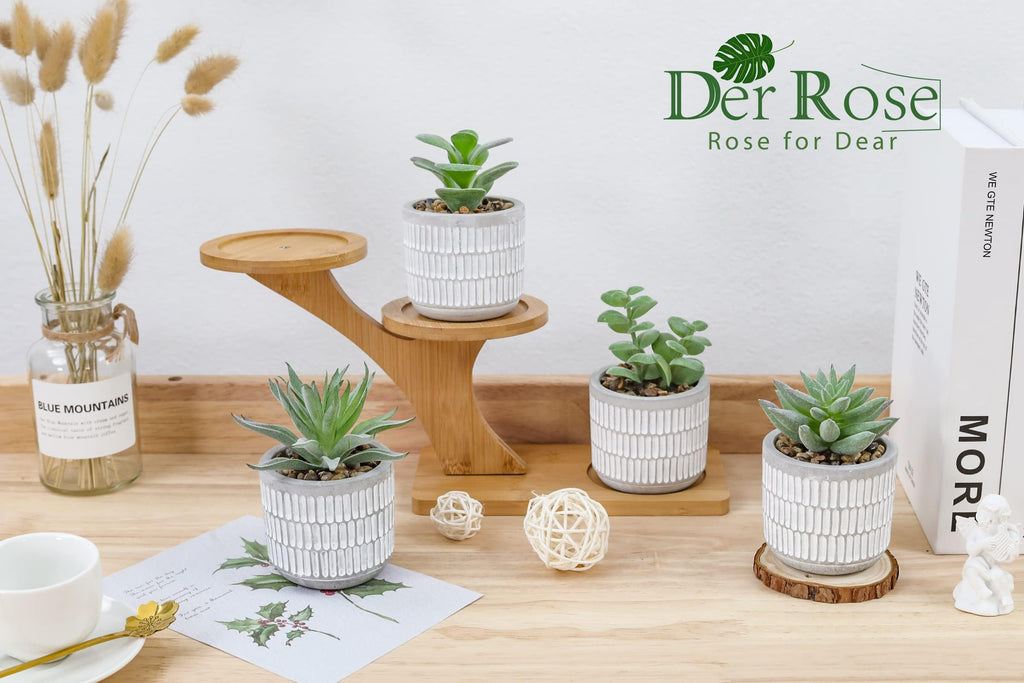 4 Pack Fake Plants in Striped Ceramic Pots Decor