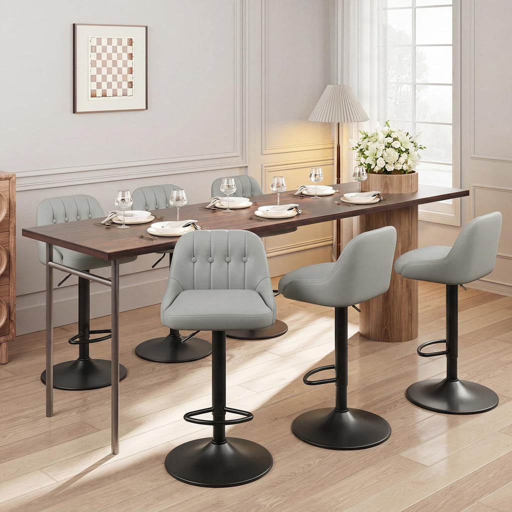 Bar Stools Set of 6, Swivel Bar Chairs, Modern Adjustable PU Leather Upholstered Barstools Counter Height with Tufted