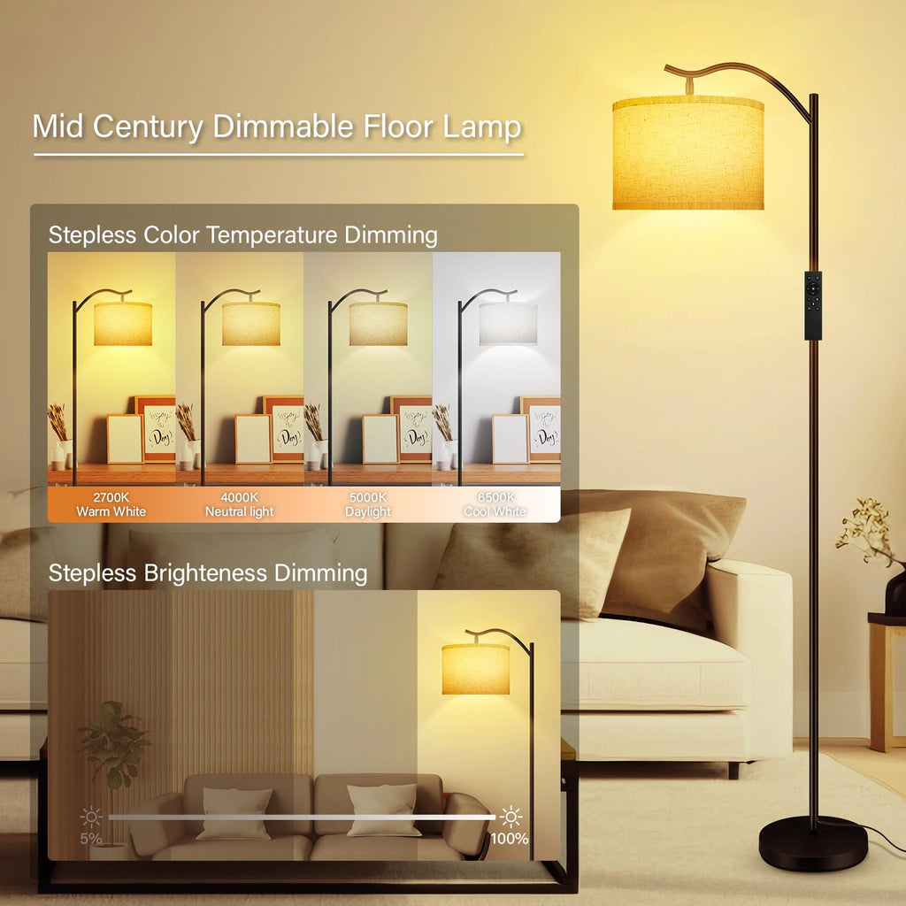 Floor Lamp, Arc Floor Lamp with Remote Control, Stepless Dimmable Brightness & Colors Temperature 2700k-6500k, Modern