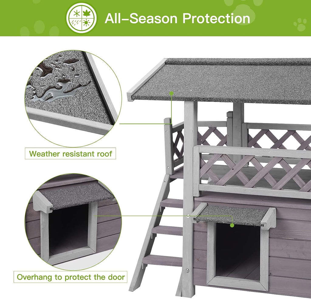 Cat House with Door for Feral Cats, Rainproof Outside Kitty House, 2 Story Wooden Kitten Condo with Stairs (-BS)