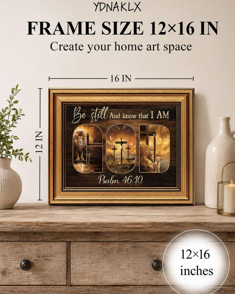 Gold Framed Wall Art, Christian God Canvas Prints, Lion and Lamb Cross Picture Wall Decor, Religious Bible Verse