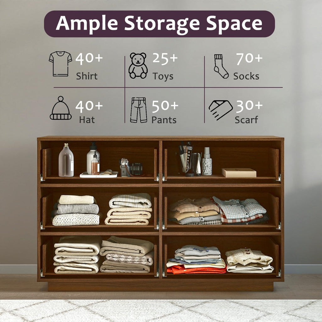 6-Drawer Dresser, 47.2" Wide, Wooden, Light Walnut