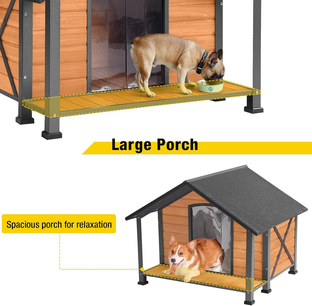 Dog House with Anti-Chewing Metal Frame Outdoor Large Wooden Dog Kennel Outside with Overhang Roof Large Porch