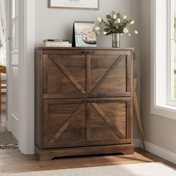 Shoe Cabinet, Shoe Storage Cabinet with 2 Flip Drawers, Narrow Farmhouse Shoe Organizer Cabinet, Slim Shoe Rack