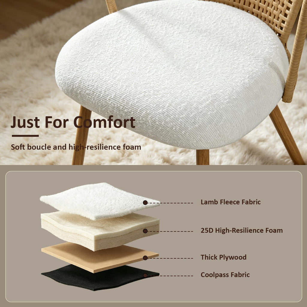 Rattan Dining Chairs, Upholstered Boucle Cushion with PE Cane Wing Back Kitchen Chair, Modern Dining Room Chair with
