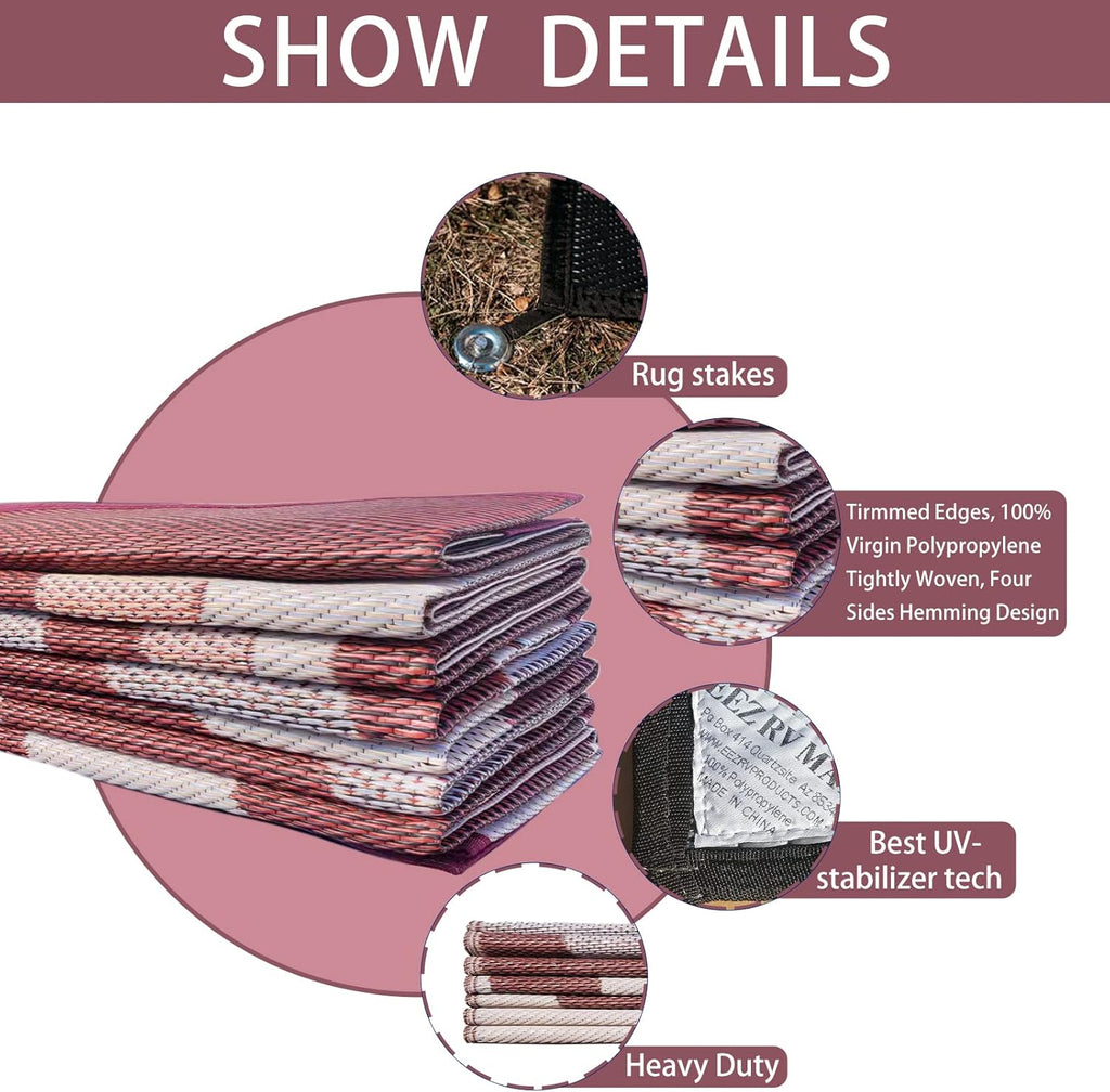 9X12FT Durable RV Outdoor Rugs for Camping RV Mat Modern Wave Design - 9×12 Burgundy
