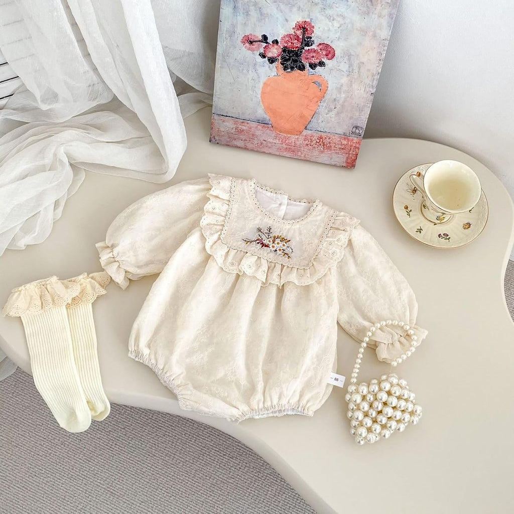 Baby Girl Long Sleeve Romper Floral Embroidery Lace Ruffle Collar Bubble Bodysuit for Spring Fall Outfit