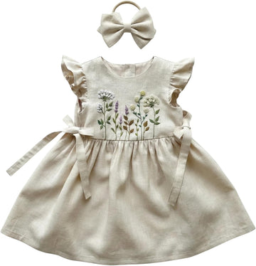 Baby Dress, Hand Embroidered Floral Linen Baby Girl Dresses, Cottage Core Toddler Girl Dress, Cream Beige