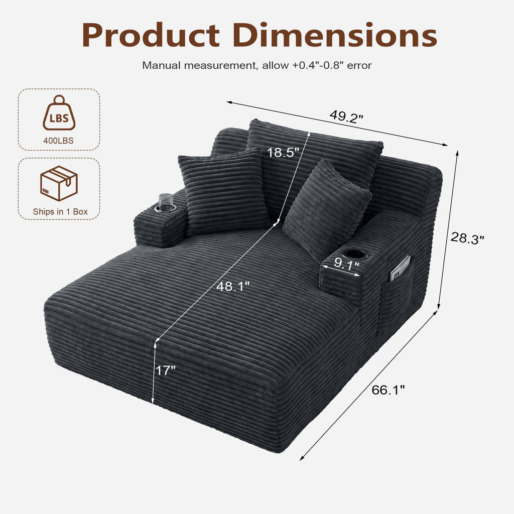 66.1" Oversized Boneless Chaise Lounge Chair Indoor, Corduroy Cloud Reading Chair for Sleeper Chair with 3 Throw