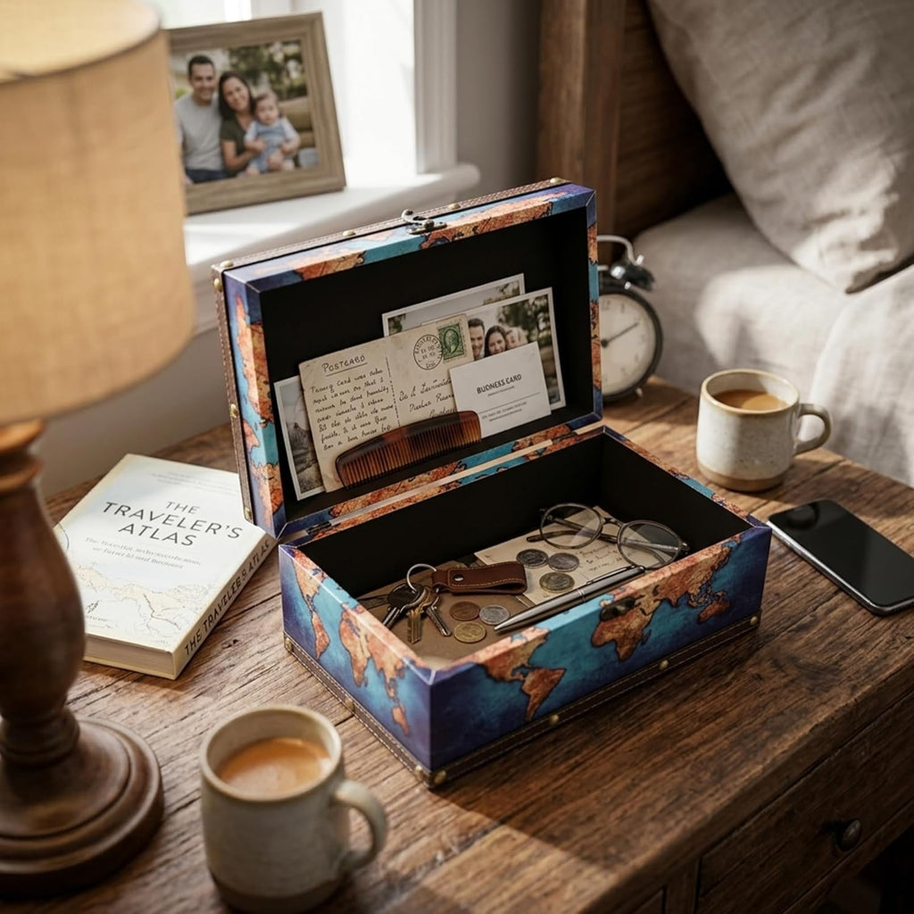 Small Wooden Organizer Storage Box, 11''L Decorative Blue Map