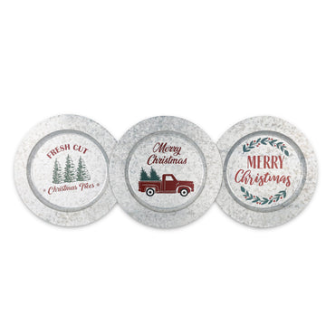 3pc Christmas Galvanized Round Charger Set Plate for Holiday Table, Indoor/Outdoor Decor, Tree, Truck, Merry