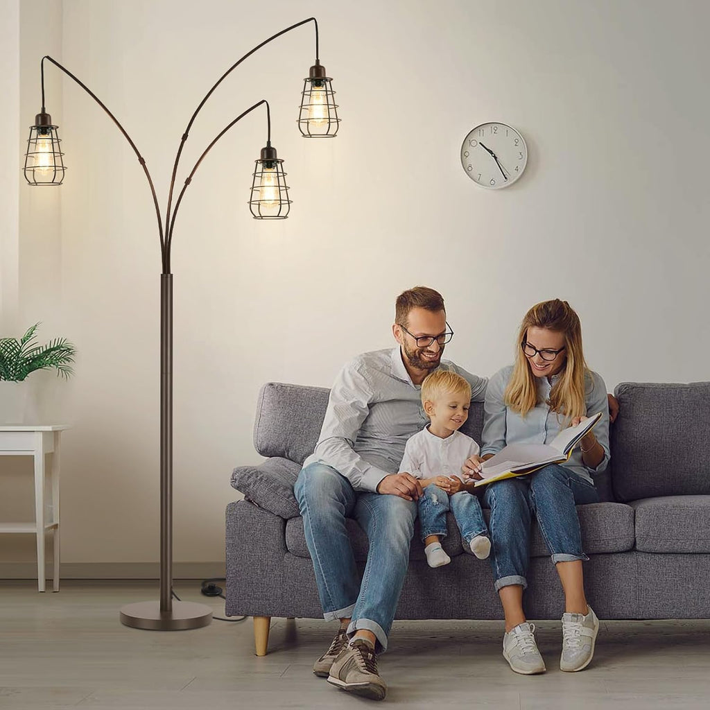Industrial Floor Lamp, 3 Light Arc Floor Lamps, 76 Inch Tall Standing Lamp with Metal Cage Shades & Foot Switch