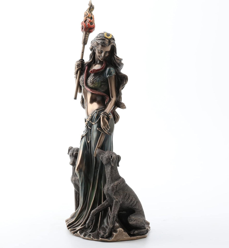 13 3/8" Tall Cold Cast Resin Antique Bronze Finish Hecate Greek Goddess of Magic with Her Hounds Statue Figurine