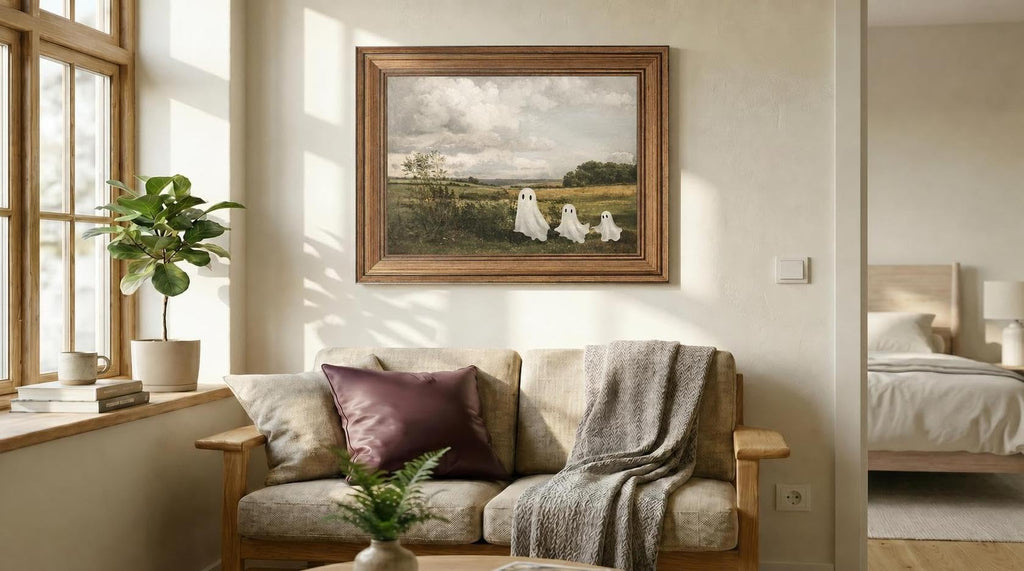 Vintage Halloween Wall Art, Gold Framed Cute Ghost Rustic Landscape Painting, Aesthetic Spooky Farmhouse Decor, Fall