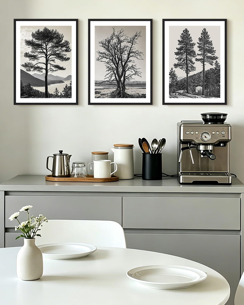 Vintage Tree Framed Wall Art Black and White Retro Antique Forest Drawings Nature Wilderness Sketch Wall Painting