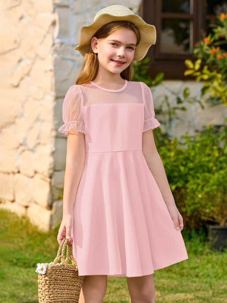 Girls Contrast Mesh Puff Sleeve Dress Kids Casual Party Dress