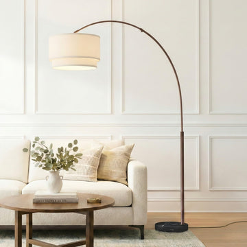 Inspired Arco Style Mason Arc Floor Lamp - Modern Corner Standing Lamp with Unique Hanging Drum Lamp Shade - Bright Overhead, Curved