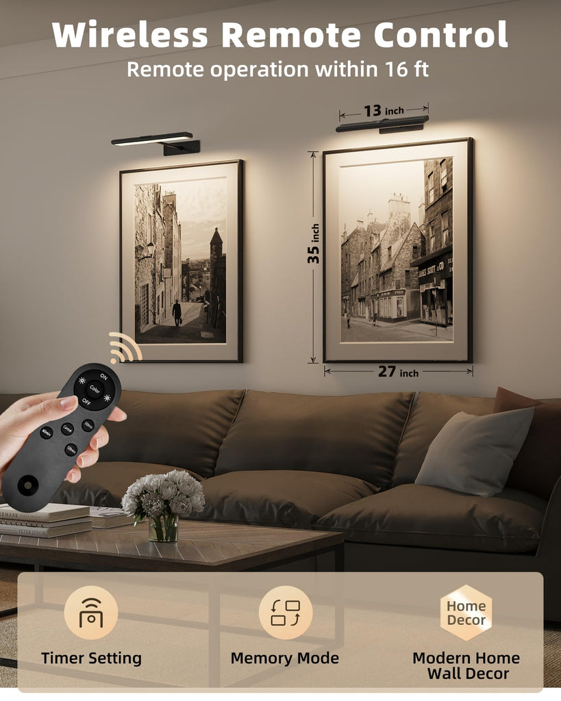 Picture Light for Wall, 13'' Black Rechargeable Wireless Lights