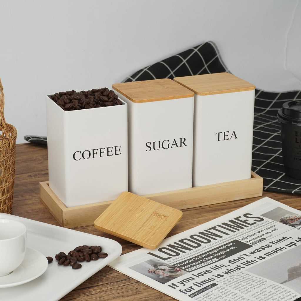 3Pcs Coffee Tea Sugar Container Set, White Iron Storage Tin with Bamboo Lid and Tray, Square Airtight Food Container