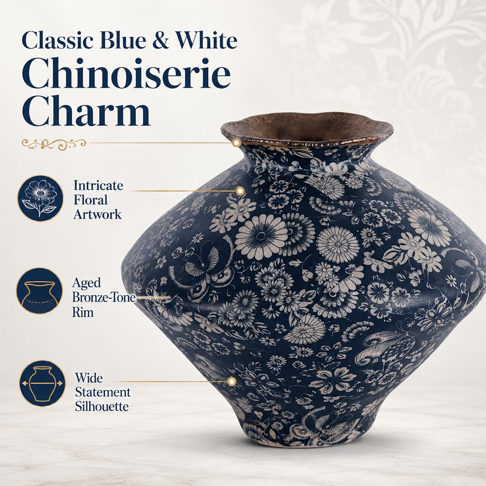 Large Wabi Sabi Blue and White Vintage Ceramic Vase, 9.8" Rustic Pottery Vase for Centerpieces, Chinoiserie