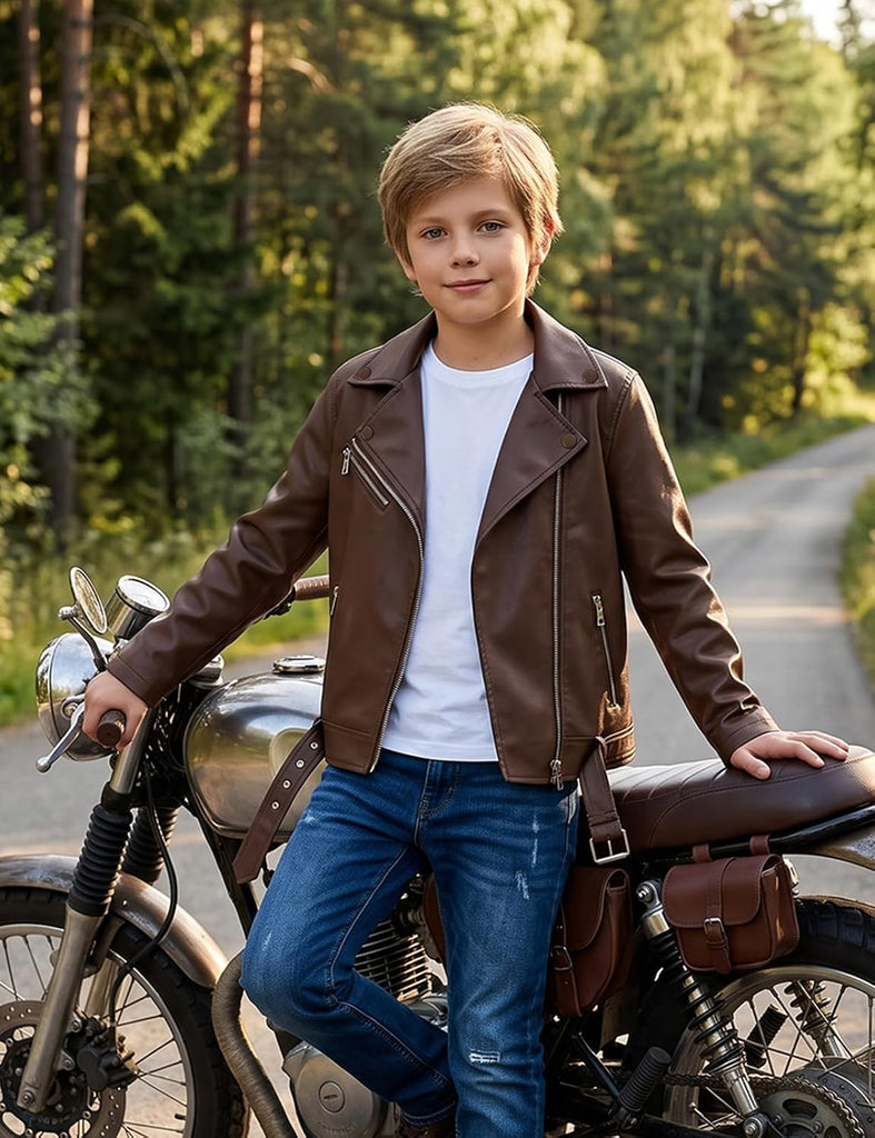 Boys Faux Leather Motorcycle Biker Jacket Asym-Zipper